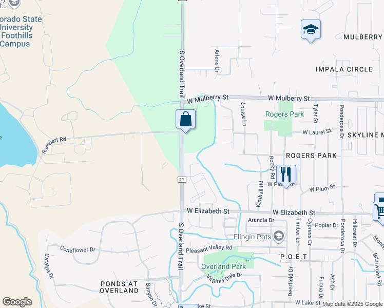 map of restaurants, bars, coffee shops, grocery stores, and more near 720 South Overland Trail in Fort Collins
