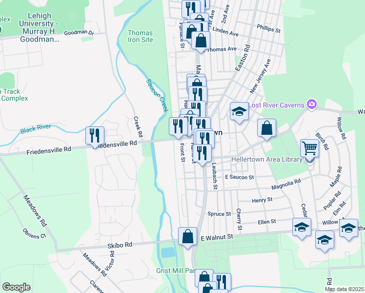 map of restaurants, bars, coffee shops, grocery stores, and more near Front Street in Hellertown