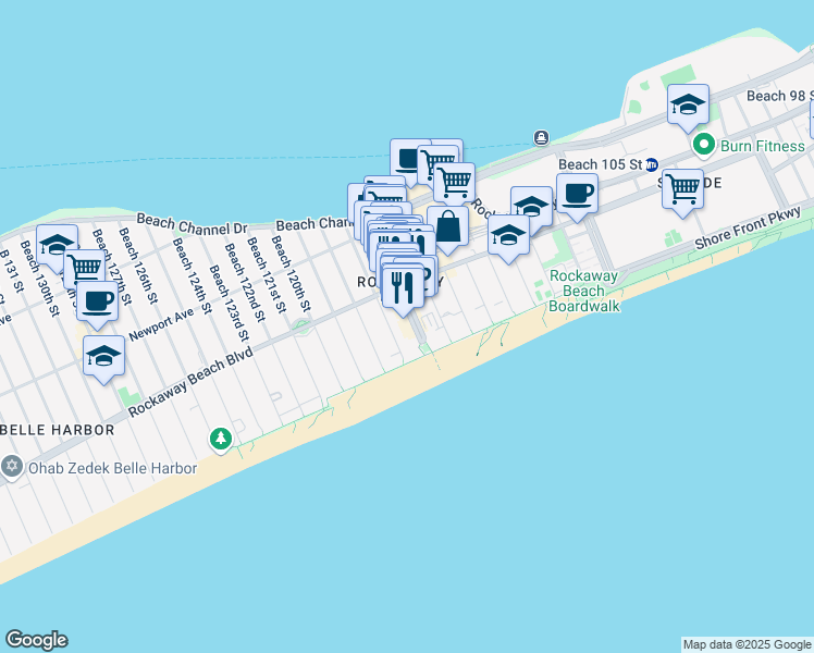 map of restaurants, bars, coffee shops, grocery stores, and more near 1-47 Beach 117th Street in Queens