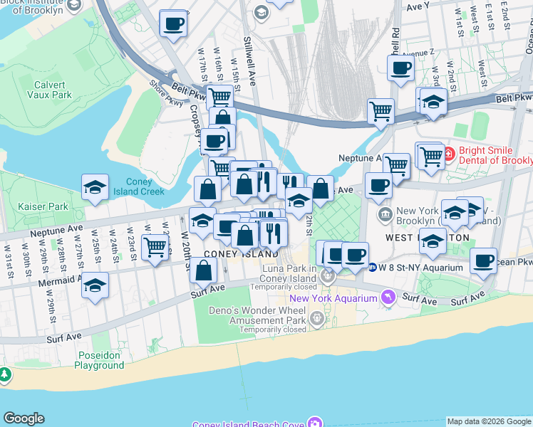 map of restaurants, bars, coffee shops, grocery stores, and more near 2907 Stillwell Avenue in Brooklyn