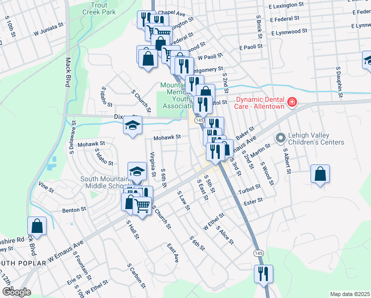 map of restaurants, bars, coffee shops, grocery stores, and more near 521 West Barner Street in Allentown