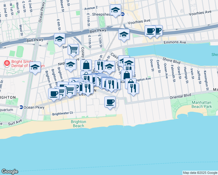 map of restaurants, bars, coffee shops, grocery stores, and more near 3086 Brighton 14th Street in Brooklyn