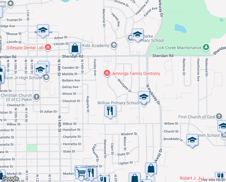 map of restaurants, bars, coffee shops, grocery stores, and more near 1268 Florence Avenue in Pekin