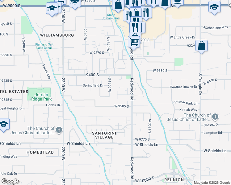 map of restaurants, bars, coffee shops, grocery stores, and more near 9526 Redwood Road in South Jordan