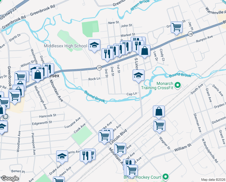 map of restaurants, bars, coffee shops, grocery stores, and more near 120 Cap Lane in Middlesex