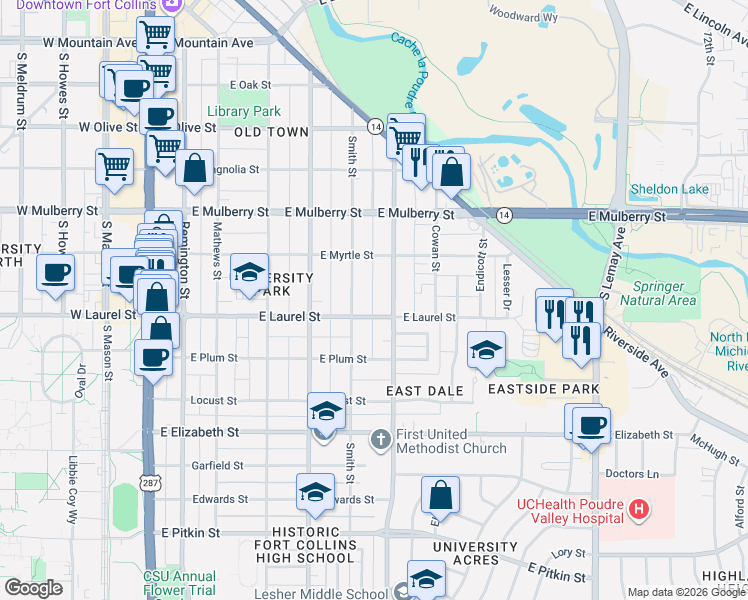 map of restaurants, bars, coffee shops, grocery stores, and more near 617 East Laurel Street in Fort Collins