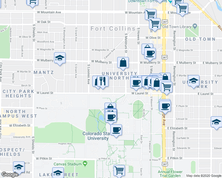 map of restaurants, bars, coffee shops, grocery stores, and more near 501 West Laurel Street in Fort Collins