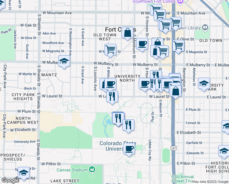 map of restaurants, bars, coffee shops, grocery stores, and more near 523 West Laurel Street in Fort Collins