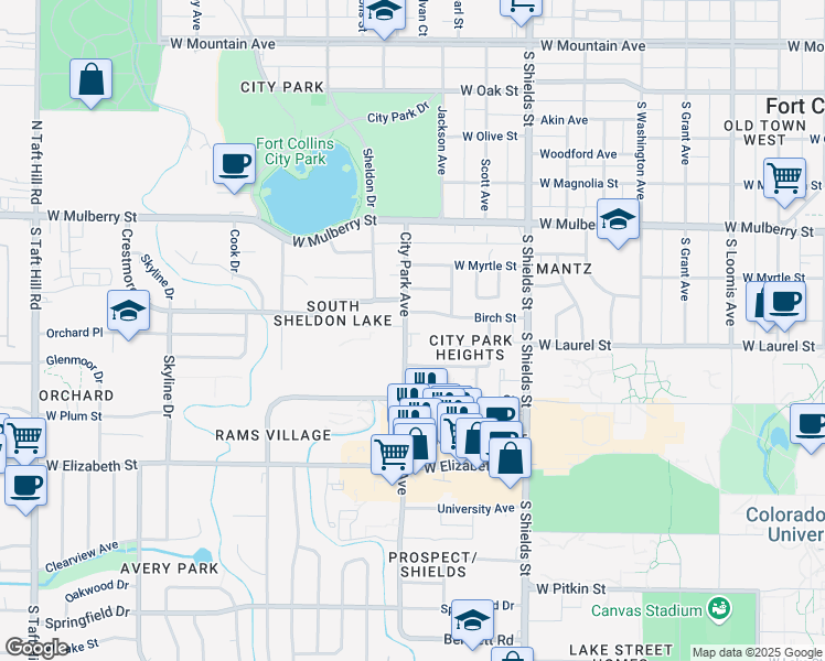 map of restaurants, bars, coffee shops, grocery stores, and more near 710 City Park Avenue in Fort Collins
