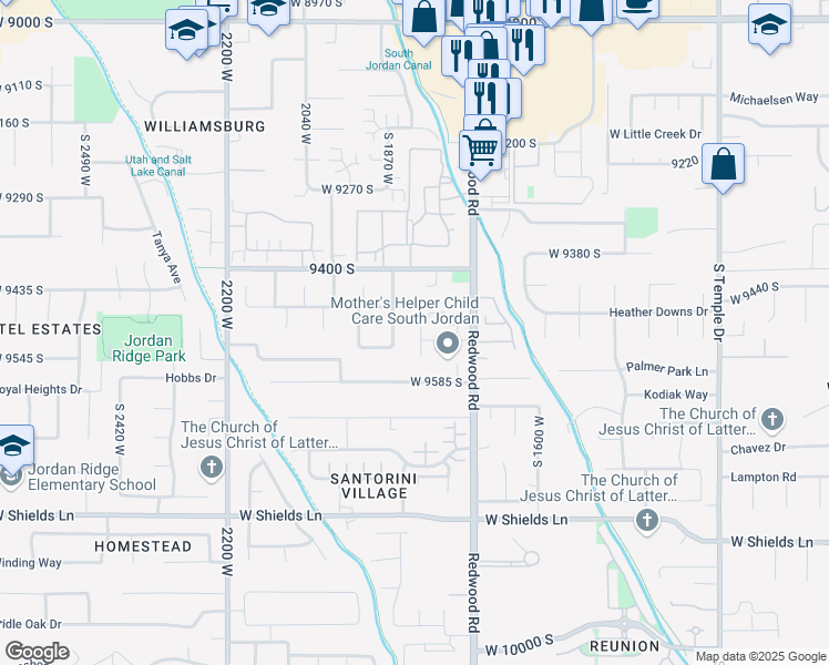 map of restaurants, bars, coffee shops, grocery stores, and more near 9526 Redwood Road in South Jordan