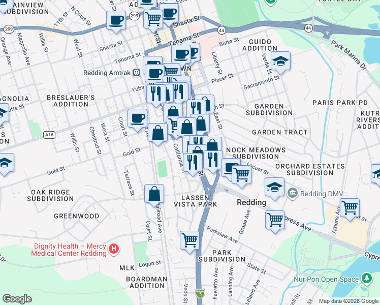 map of restaurants, bars, coffee shops, grocery stores, and more near 2141 California Street in Redding