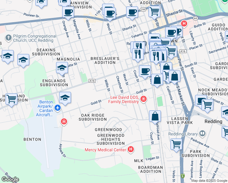 map of restaurants, bars, coffee shops, grocery stores, and more near 2039 Gold Street in Redding