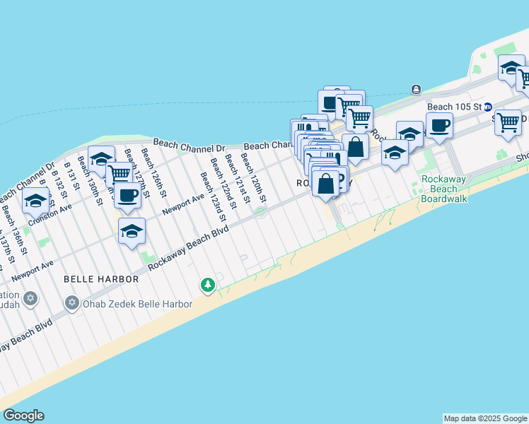 map of restaurants, bars, coffee shops, grocery stores, and more near 1-79 Beach 120th Street in Queens