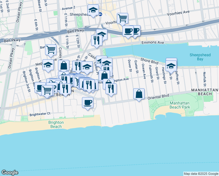 map of restaurants, bars, coffee shops, grocery stores, and more near 153 West End Avenue in Brooklyn