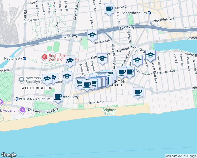 map of restaurants, bars, coffee shops, grocery stores, and more near 604 Brighton Beach Avenue in Brooklyn