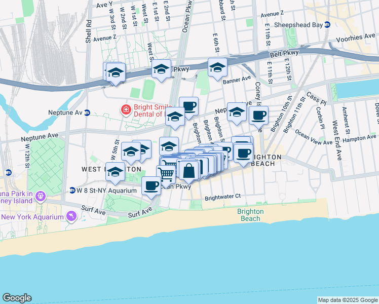 map of restaurants, bars, coffee shops, grocery stores, and more near 20 Brighton 1st Walk in Brooklyn
