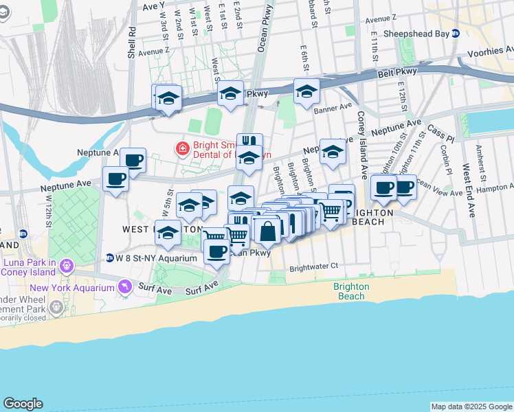 map of restaurants, bars, coffee shops, grocery stores, and more near 20 Brighton 1st Walk in Brooklyn