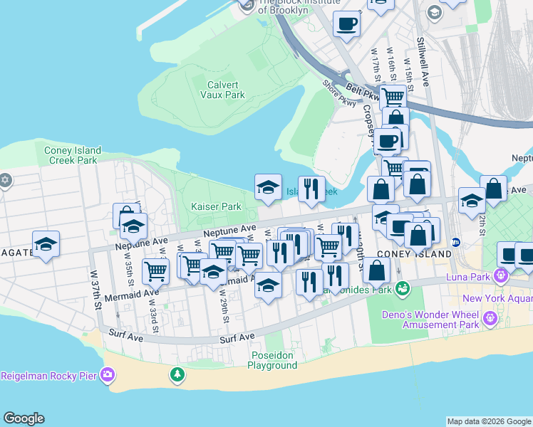 map of restaurants, bars, coffee shops, grocery stores, and more near 2402 Neptune Avenue in Brooklyn