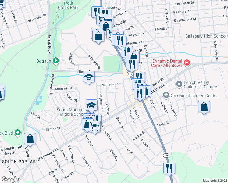 map of restaurants, bars, coffee shops, grocery stores, and more near 530 East Barner Street in Allentown