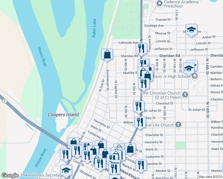 map of restaurants, bars, coffee shops, grocery stores, and more near 215 Harriet Street in Pekin