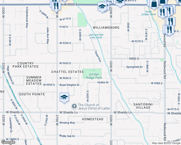 map of restaurants, bars, coffee shops, grocery stores, and more near 9548 Providence Way in South Jordan