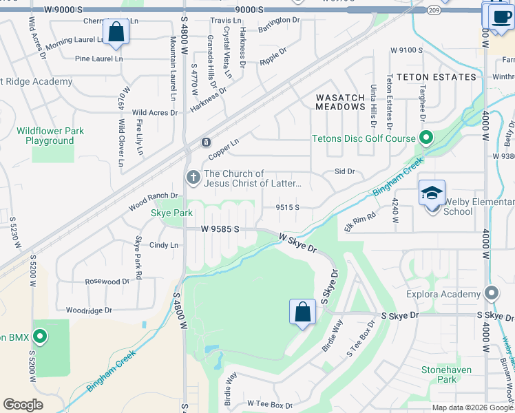 map of restaurants, bars, coffee shops, grocery stores, and more near 9512 Loch Awe Drive in South Jordan