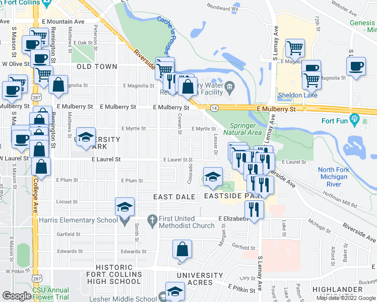 map of restaurants, bars, coffee shops, grocery stores, and more near 623 Colorado Street in Fort Collins