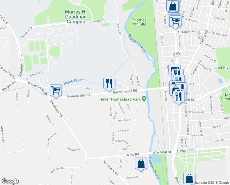 map of restaurants, bars, coffee shops, grocery stores, and more near 1858 Friedensville Road in Bethlehem