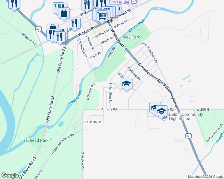 map of restaurants, bars, coffee shops, grocery stores, and more near 959-1199 South Hamilton Street in Delphi