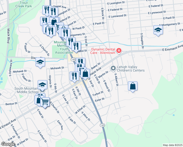 map of restaurants, bars, coffee shops, grocery stores, and more near 207 West Emmaus Avenue in Allentown