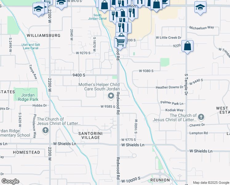 map of restaurants, bars, coffee shops, grocery stores, and more near 9503 South Tirado Cove in South Jordan