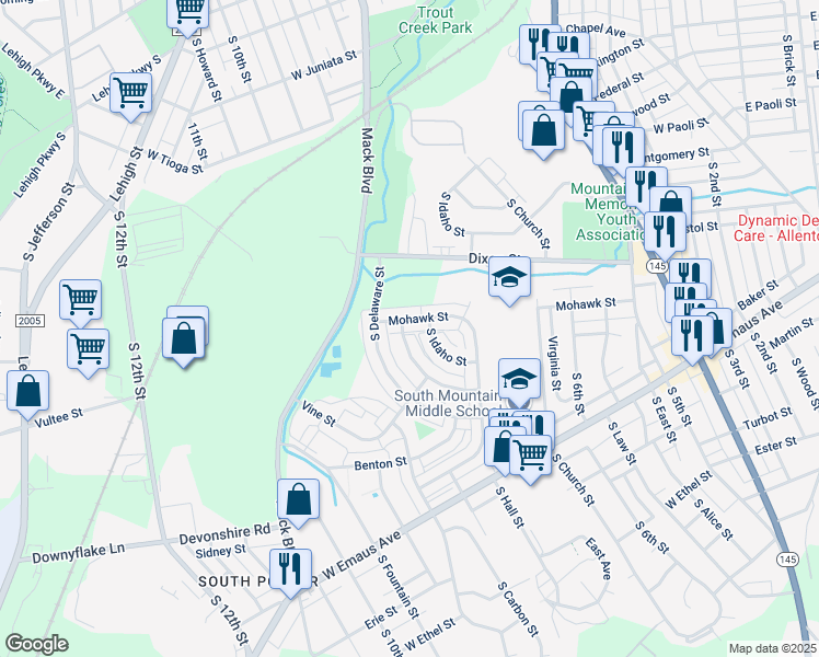 map of restaurants, bars, coffee shops, grocery stores, and more near 758 Mohawk Street in Allentown