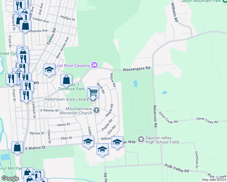 map of restaurants, bars, coffee shops, grocery stores, and more near 974 Juniper Road in Hellertown