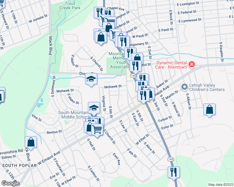 map of restaurants, bars, coffee shops, grocery stores, and more near 1924 South Law Street in Allentown