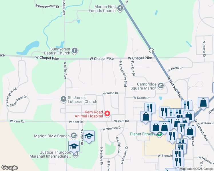 map of restaurants, bars, coffee shops, grocery stores, and more near 1910 W Wilno Dr in Marion