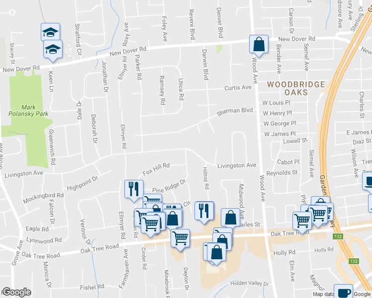 map of restaurants, bars, coffee shops, grocery stores, and more near 1 Pine Ridge Drive in Edison
