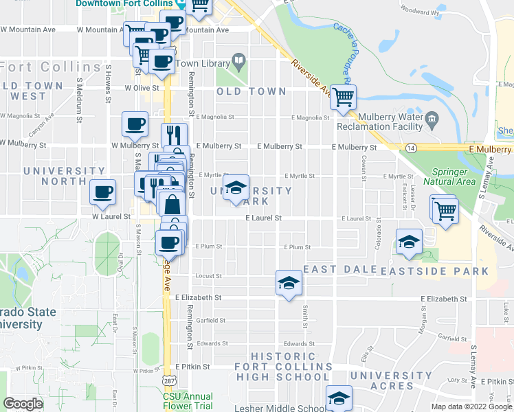map of restaurants, bars, coffee shops, grocery stores, and more near 632 Peterson Street in Fort Collins