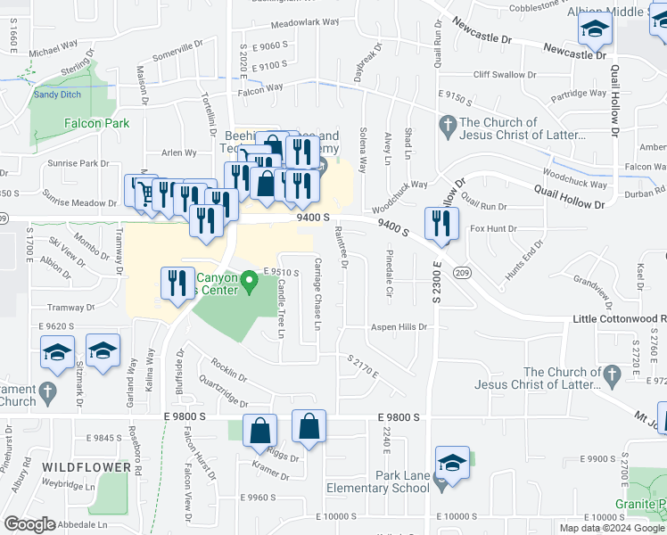 map of restaurants, bars, coffee shops, grocery stores, and more near 9494 Smoketree Circle in Sandy