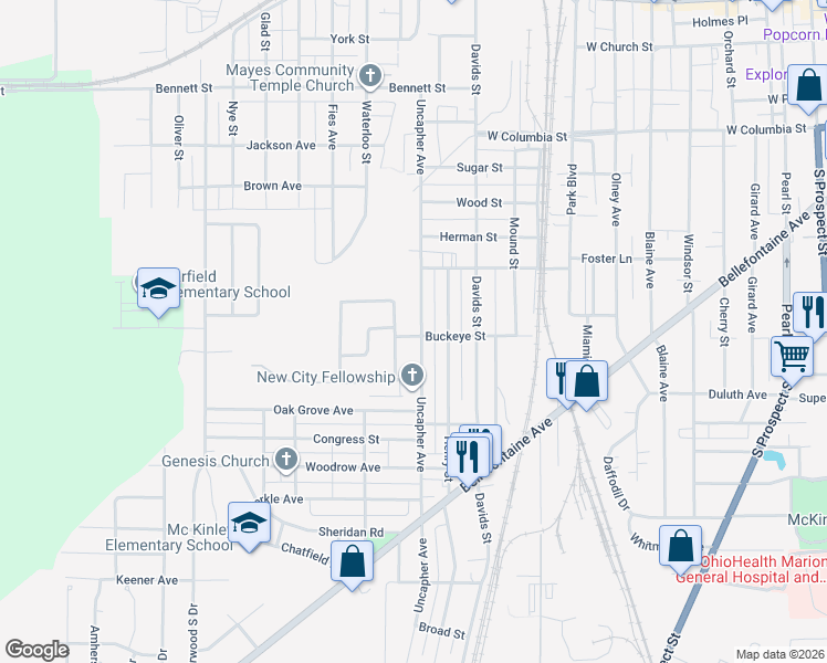 map of restaurants, bars, coffee shops, grocery stores, and more near 614 West Lawn Drive in Marion