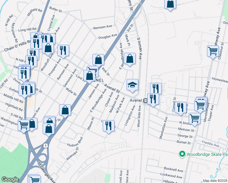 map of restaurants, bars, coffee shops, grocery stores, and more near 4 Madison Avenue in Woodbridge Township
