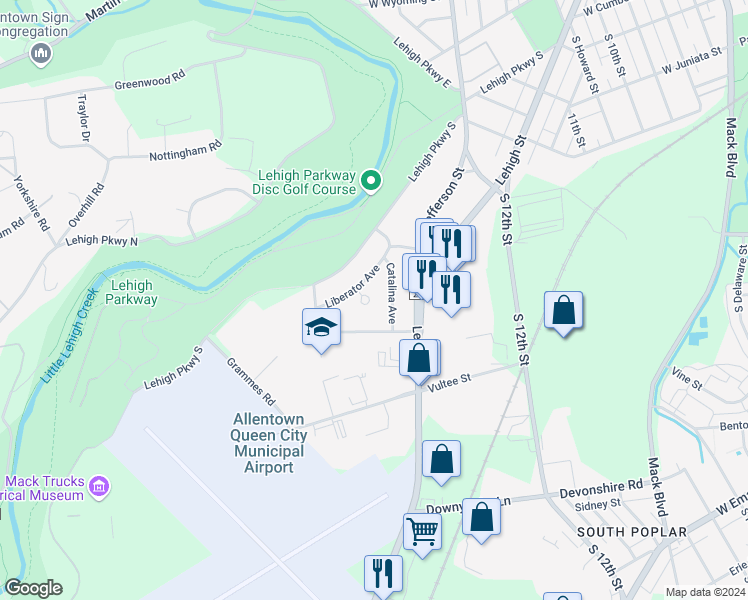 map of restaurants, bars, coffee shops, grocery stores, and more near 1526 Liberator Avenue in Allentown