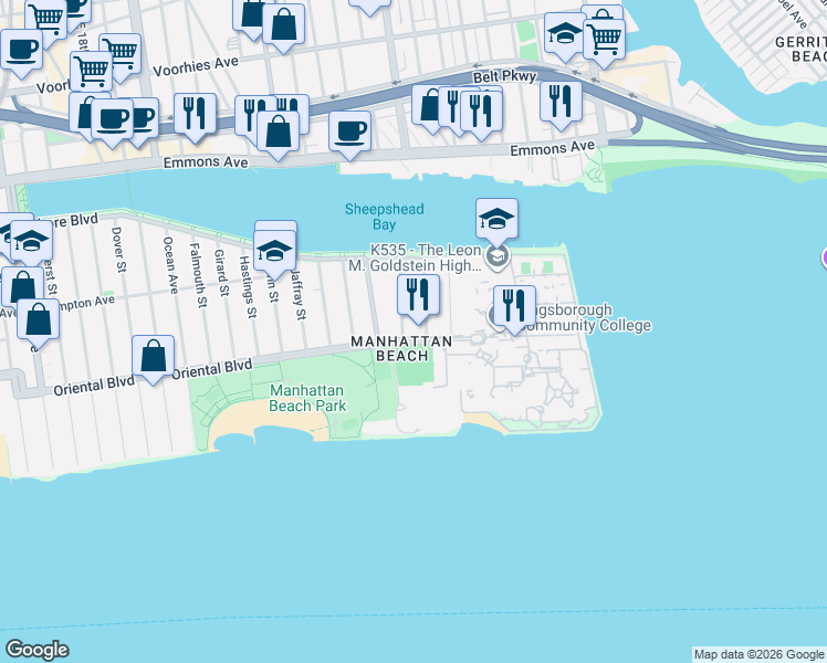 map of restaurants, bars, coffee shops, grocery stores, and more near 2001 Oriental Boulevard in Brooklyn