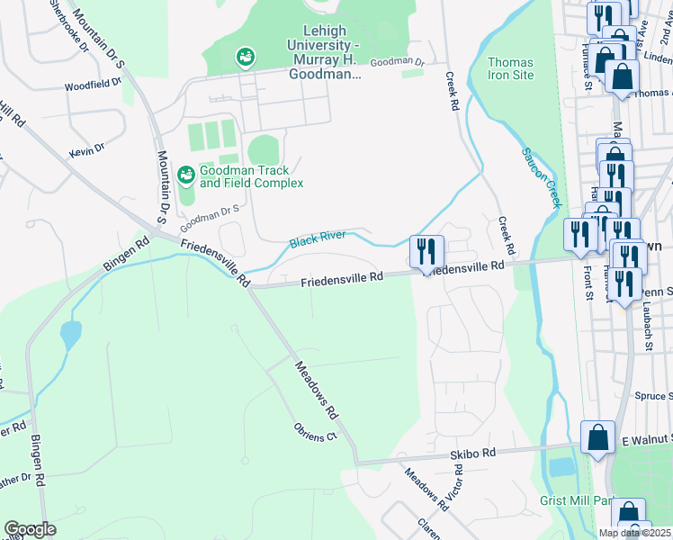 map of restaurants, bars, coffee shops, grocery stores, and more near 1804 Friedensville Road in Bethlehem