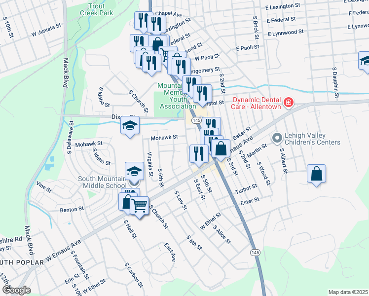 map of restaurants, bars, coffee shops, grocery stores, and more near 521 West Barner Street in Allentown