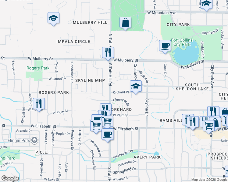 map of restaurants, bars, coffee shops, grocery stores, and more near 2048 Glenmoor Drive in Fort Collins