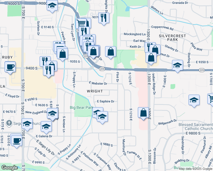 map of restaurants, bars, coffee shops, grocery stores, and more near 1100 East Webster Drive in Sandy