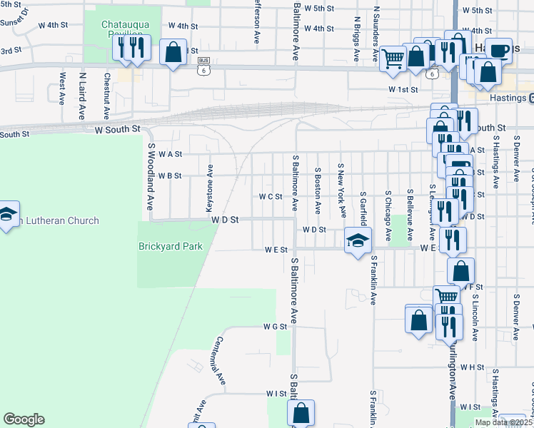 map of restaurants, bars, coffee shops, grocery stores, and more near 601-699 South Sewell Avenue in Hastings