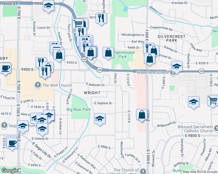 map of restaurants, bars, coffee shops, grocery stores, and more near 1124 East Webster Drive in Sandy