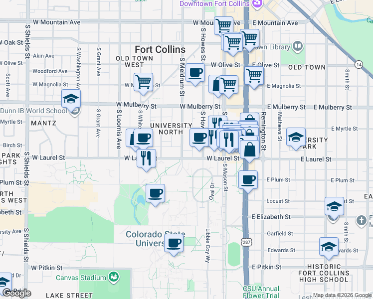 map of restaurants, bars, coffee shops, grocery stores, and more near 328 West Laurel Street in Fort Collins