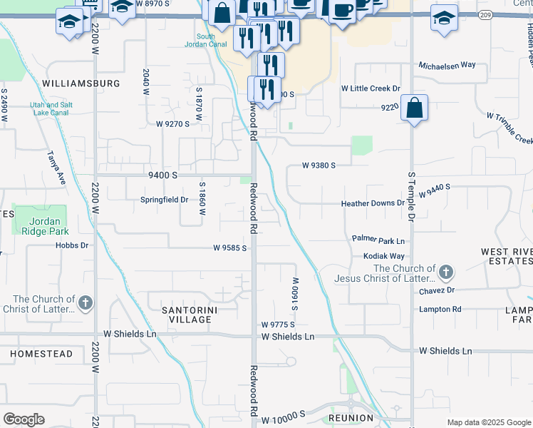 map of restaurants, bars, coffee shops, grocery stores, and more near 1673 Peaceful Circle in South Jordan